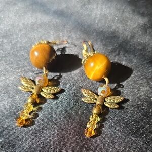 Golden Dragonfly Earrings with Brown Accents